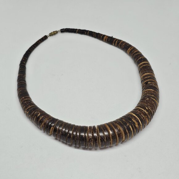 Chunky Graduated Brown Wood Disc Beaded Statement Bohemian Necklace 19" - Picture 3 of 12